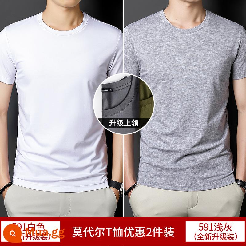 2 cái] Áo thun cotton ngắn tay Modal cho nam mùa hè bằng lụa băng màu trơn lót cổ tròn nửa tay phần mỏng áo thun nhanh khô - Trắng + xám nhạt (cổ tròn nâng cấp)