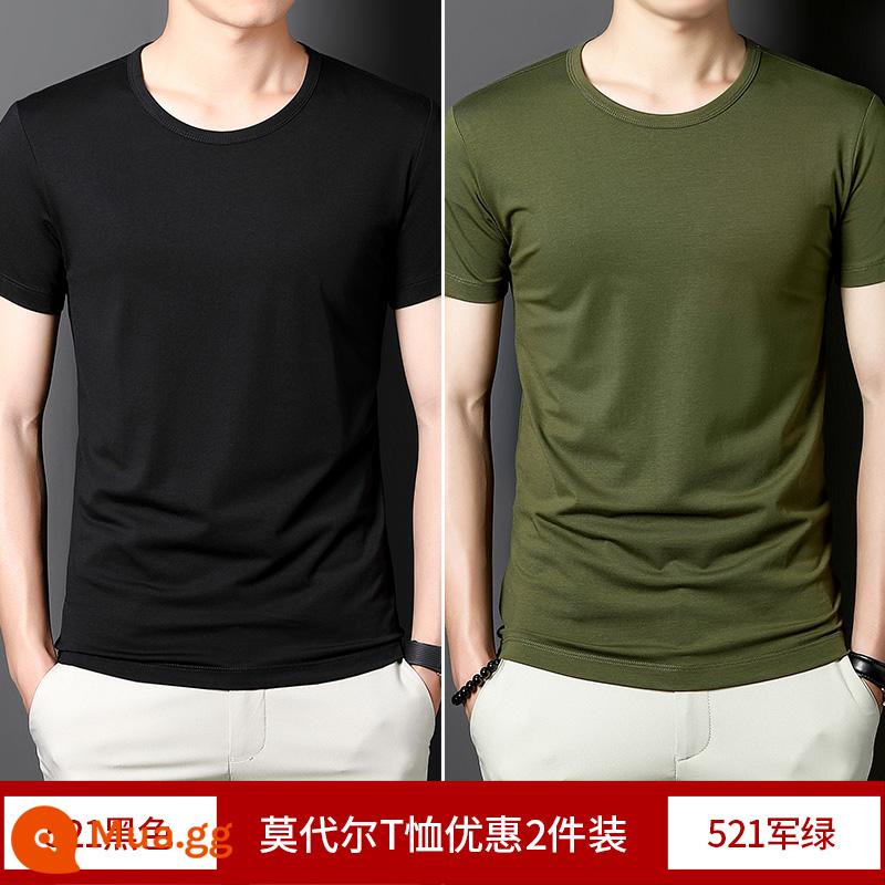 2 cái] Áo thun cotton ngắn tay Modal cho nam mùa hè bằng lụa băng màu trơn lót cổ tròn nửa tay phần mỏng áo thun nhanh khô - Đen + Xanh quân đội