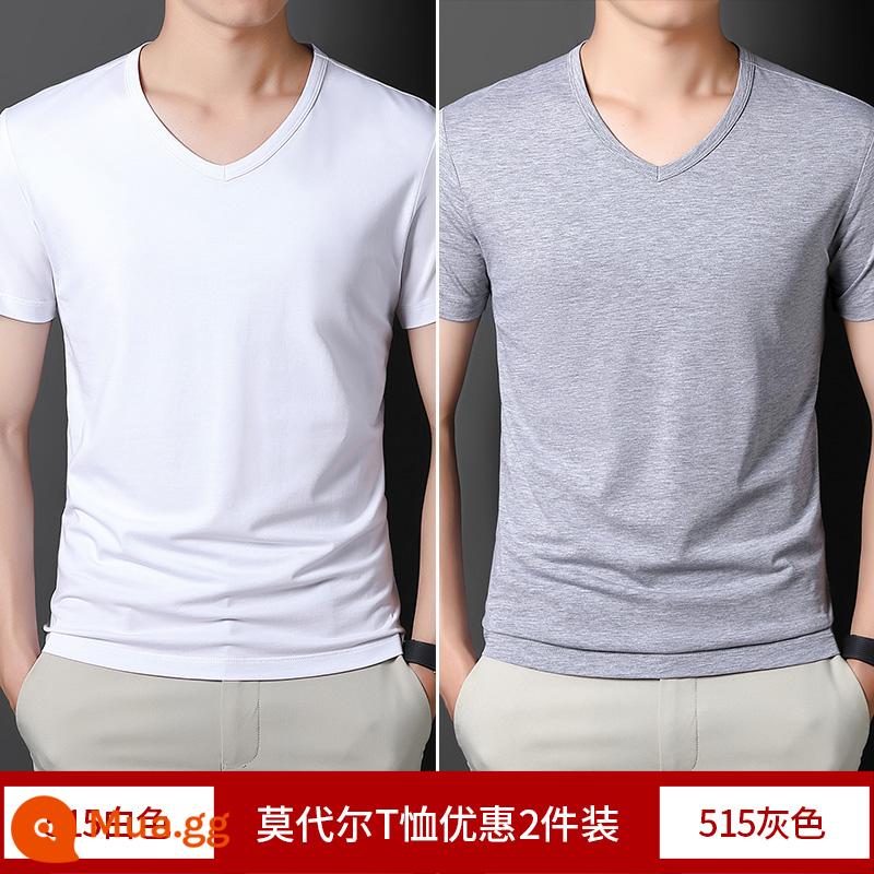 2 cái] Áo thun cotton ngắn tay Modal cho nam mùa hè bằng lụa băng màu trơn lót cổ tròn nửa tay phần mỏng áo thun nhanh khô - Trắng + xám (cổ chữ V)