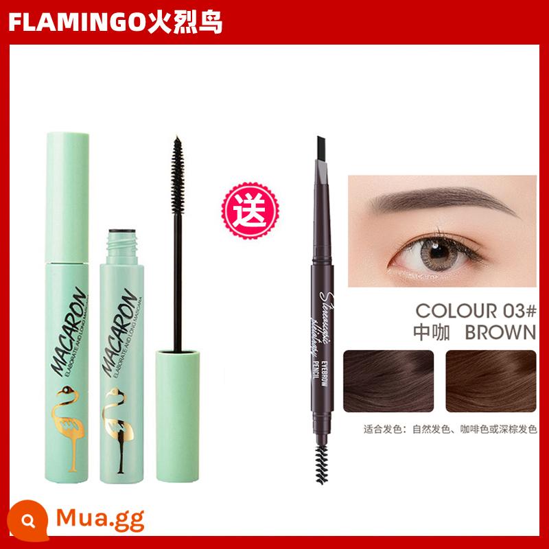 Hạc Mascara mắt nữ chống thấm nước không lem đầu cọ nhỏ lưới đỏ chân thực thanh mảnh dày cong khuôn mẫu - Flamingo Slim (Xanh) + Chì kẻ mày hai đầu 03# Nâu vừa