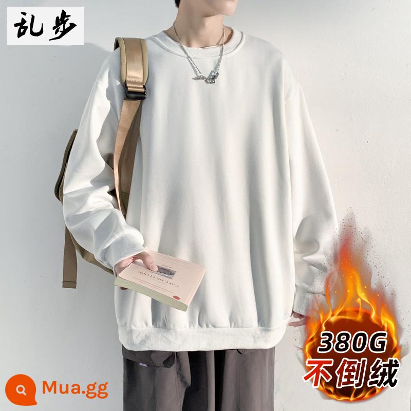 Cơ bản màu trơn cổ tròn cotton T phong cách trung tính cho nam và nữ thu đông áo khoác dáng rộng dài tay cộng với áo nhung dày - Trắng-380g cộng với nhung