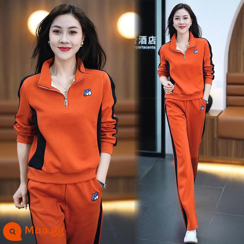 Bộ đồ thể thao có hàm lượng cotton cao cấp quần ống rộng nữ Bộ hai mảnh mùa xuân thu 2023 mới thời trang áo thun dày - 1833# Đỏ cam [Phong cách xuân thu]