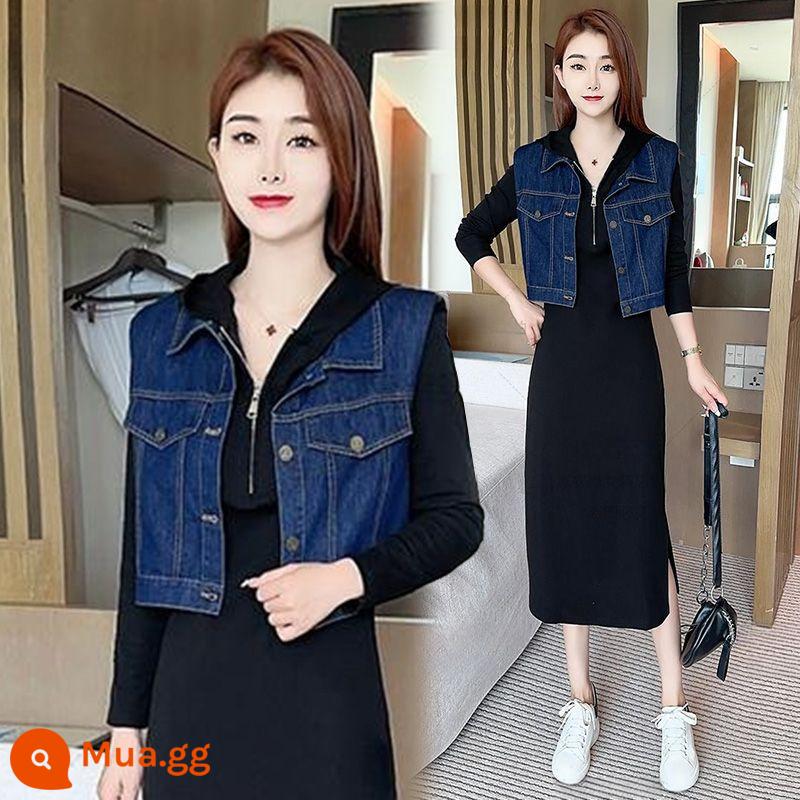 Denim vest đen có mũ trùm đầu dành cho nữ mùa xuân thu 2023 mới thường ngày phong cách phương Tây thời trang váy dài 2 bộ - bộ đồ màu xanh đậm