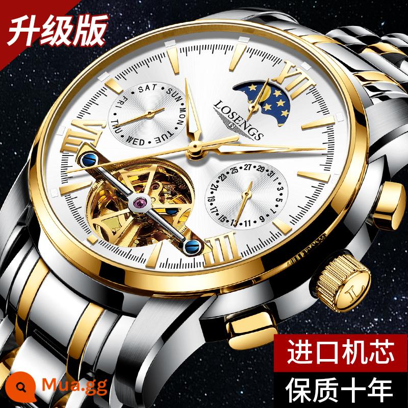 Chính Hãng Thụy Sĩ Đồng Hồ Cơ Nam Tourbillon Xu Hướng Thời Trang Dạ Quang Rỗng Pha Mặt Trăng Đa Chức Năng Nam - Phiên bản nâng cấp với bề mặt vàng trắng và bộ máy nhập khẩu