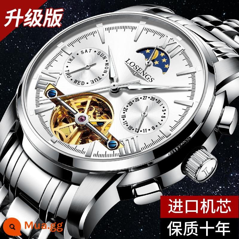 Chính Hãng Thụy Sĩ Đồng Hồ Cơ Nam Tourbillon Xu Hướng Thời Trang Dạ Quang Rỗng Pha Mặt Trăng Đa Chức Năng Nam - Phiên bản nâng cấp với mặt trắng và bộ máy nhập khẩu