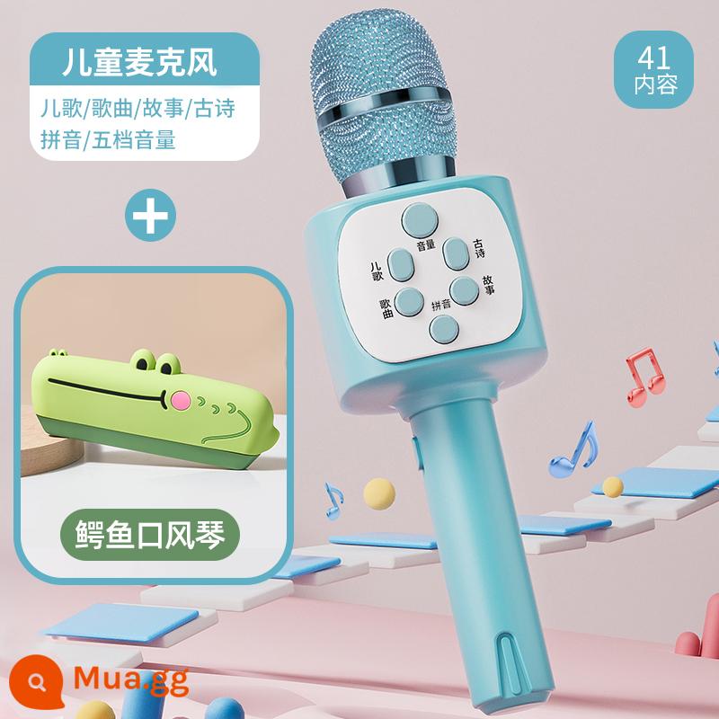 Micro nhỏ dành cho trẻ em âm thanh tích hợp micro cho bé máy hát karaoke echo đồ chơi bluetooth không dây bé gái - Phiên bản thường màu xanh + kèn harmonica cá sấu nhỏ