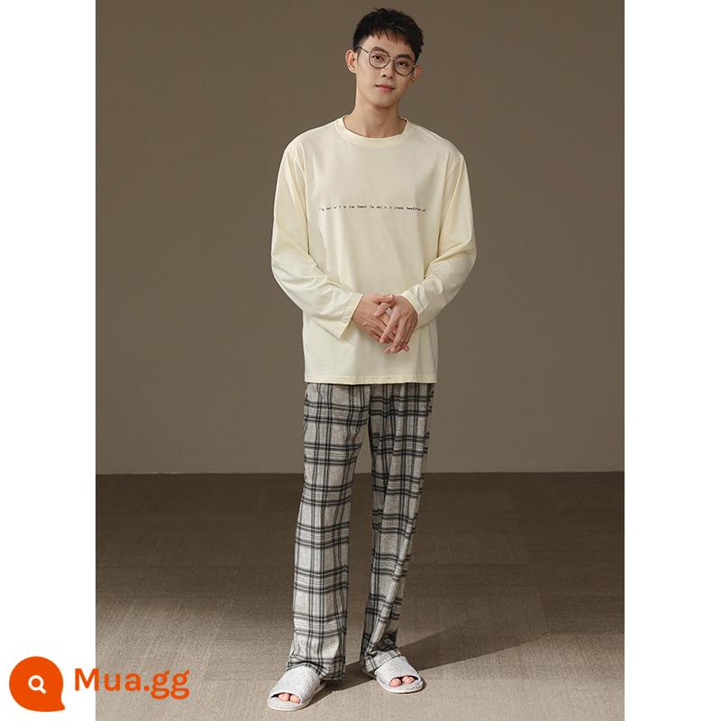 Bộ đồ ngủ nam xuân thu cotton nguyên chất dài tay áo thun cổ tròn màu xám đậm quần kẻ sọc cotton thanh thiếu niên mặc nhà - Mẫu nam-6956