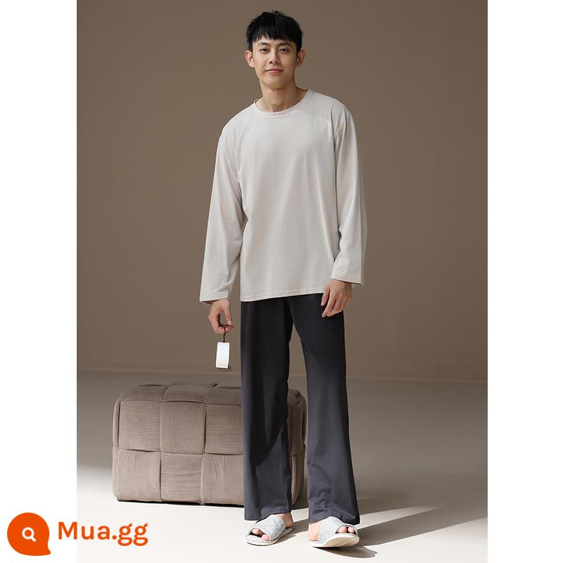 Bộ đồ ngủ nam xuân thu cotton nguyên chất dài tay áo thun cổ tròn màu xám đậm quần kẻ sọc cotton thanh thiếu niên mặc nhà - Mẫu nam-6982