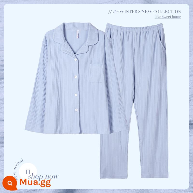 Bộ đồ ngủ mới 2023 dành cho nữ mùa xuân và mùa thu cotton nguyên chất dài tay cotton cỡ lớn có thể mặc bên ngoài bộ đồ phục vụ tại nhà cao cấp - 6071 Màu Xanh Nhạt "Bông Tân Cương"