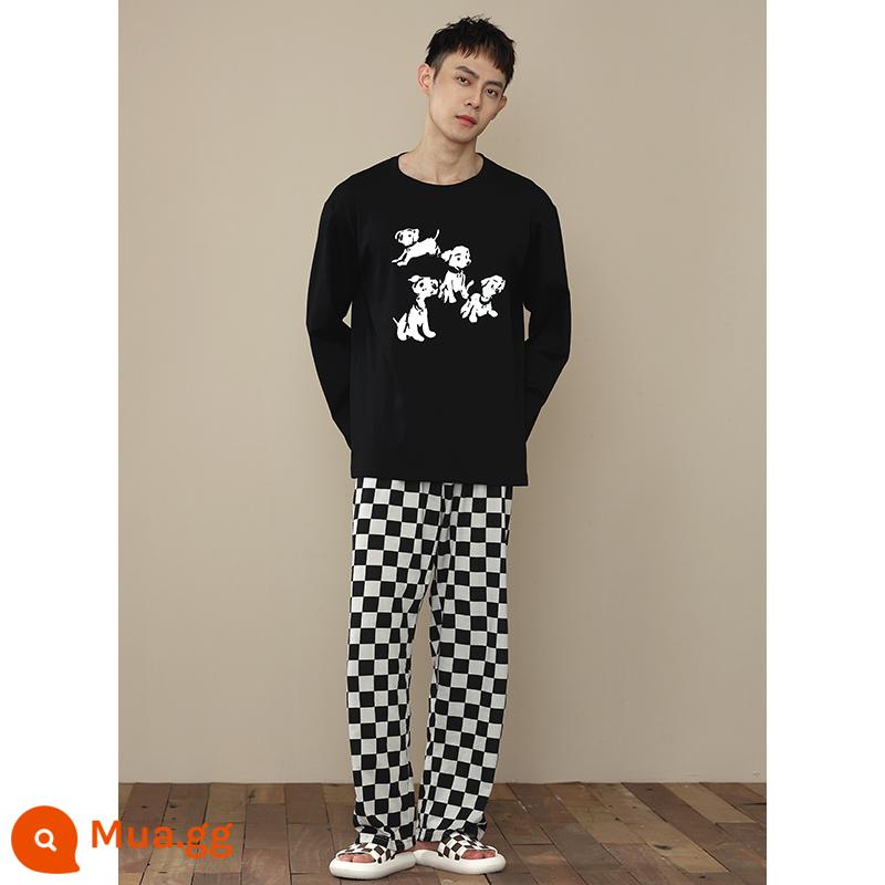 Bộ đồ ngủ nam xuân thu cotton nguyên chất dài tay áo thun cổ tròn màu xám đậm quần kẻ sọc cotton thanh thiếu niên mặc nhà - Mẫu nam-6949