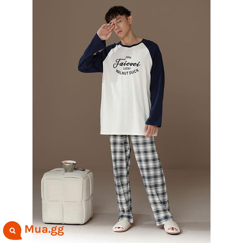 Bộ đồ ngủ nam xuân thu cotton nguyên chất dài tay áo thun cổ tròn màu xám đậm quần kẻ sọc cotton thanh thiếu niên mặc nhà - Mẫu nam-6988