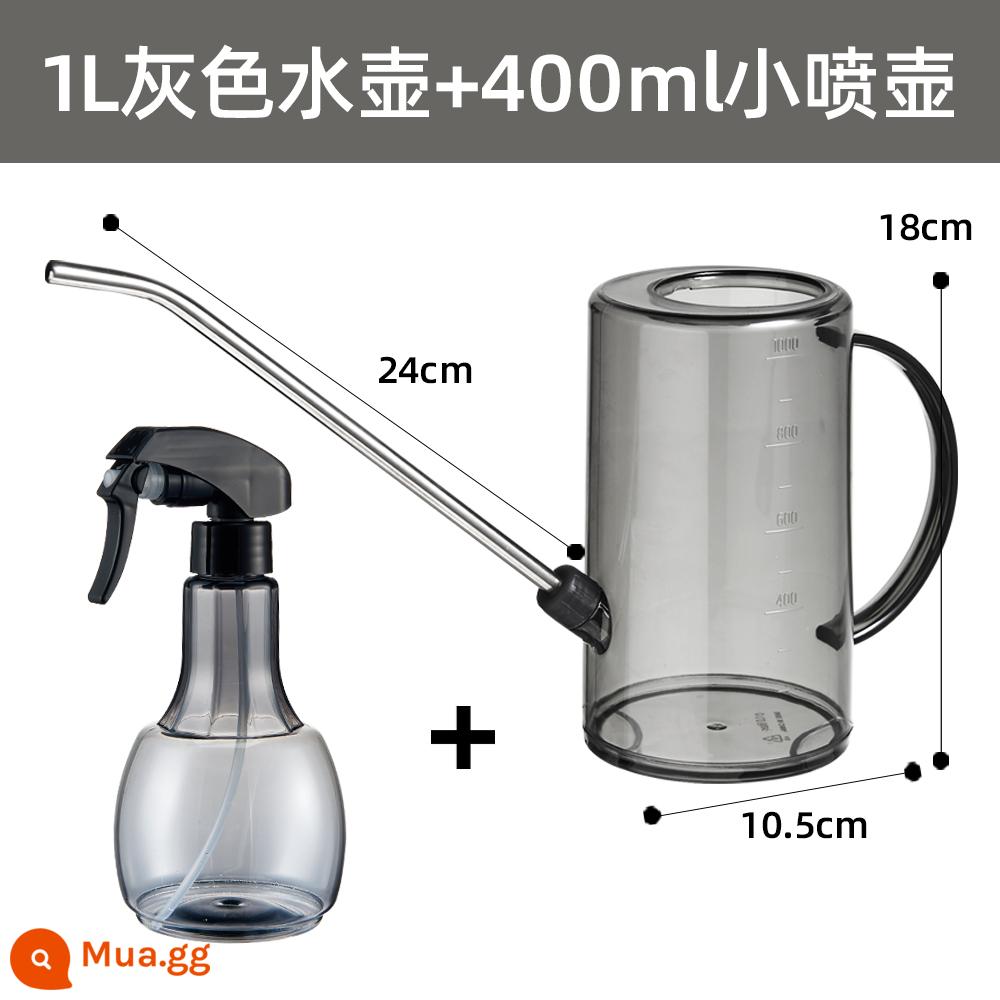 Thép không gỉ miệng dài bình tưới hộ gia đình trong suốt bình tưới làm vườn tưới hoa chậu hiện vật công suất lớn bình tưới - Ấm đun nước màu xám 1L + ấm đun nước ép tay 400ml màu xám pet