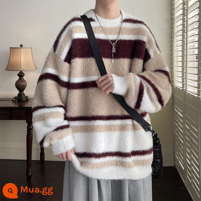 Mềm Waxy Mohair Áo Len Sọc Nam Dày Cao Cấp Lười Triều Thương Hiệu Oversize Mùa Đông Áo Len Dệt Kim Dày Dặn - Màu cà phê