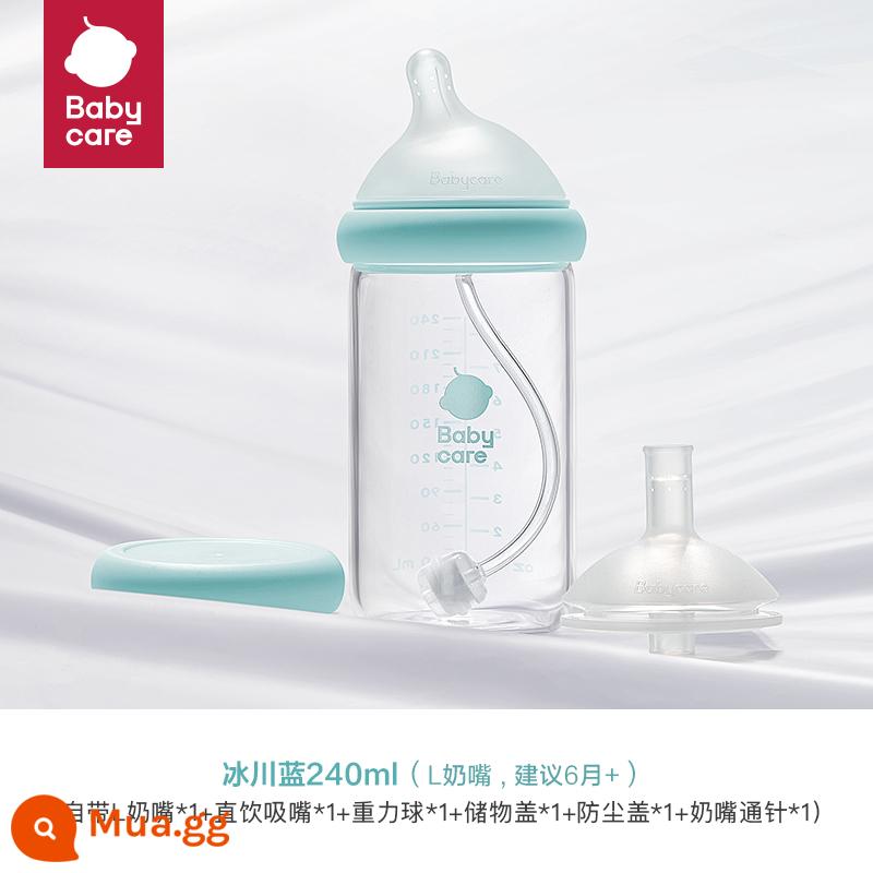 bình sữa thủy tinh nghiêng đầu babycare cho bé sơ sinh từ 0 đến 6 tháng tuổi trở lên giả sữa mẹ chống đầy hơi chống sặc - Glacier Blue 240ml (núm vú hình chữ L + đầu hút có ống hút, thích hợp cho bé 6 tháng +