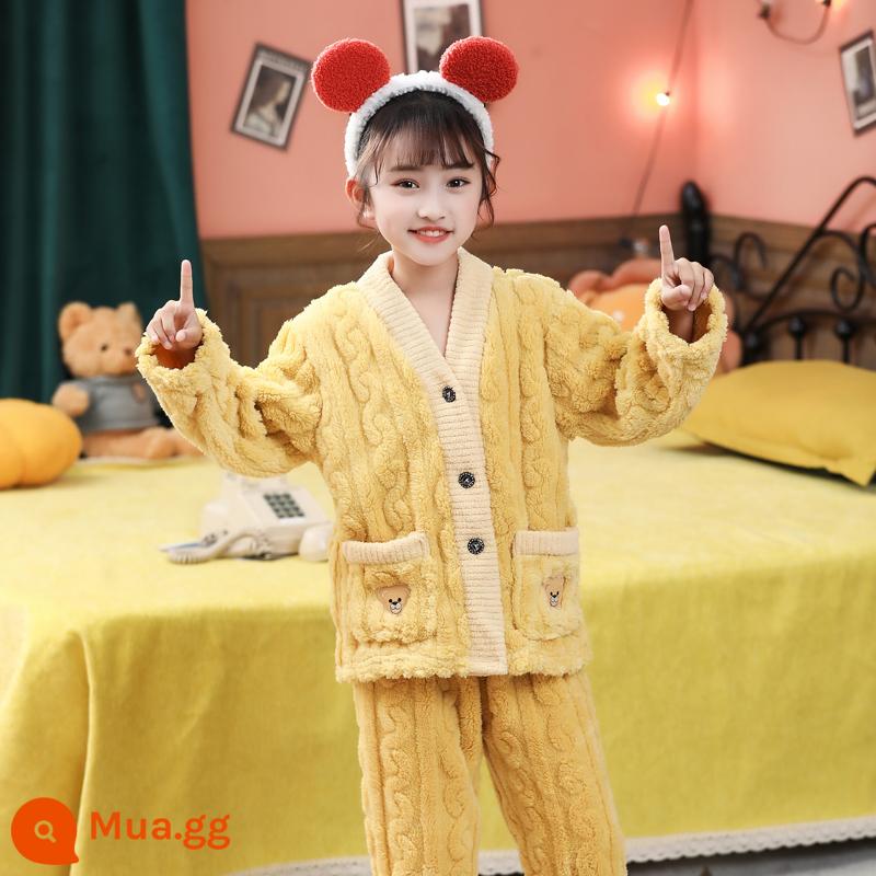 Bộ đồ ngủ lông cừu san hô trẻ em mùa thu đông flannel bé trai và bé gái phục vụ tại nhà phù hợp với bé trung và lớn - FLRBL08 nhung nhung nữ màu vàng