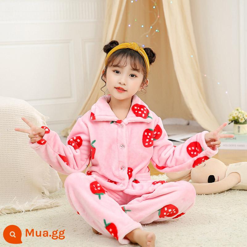 Bộ đồ ngủ lông cừu san hô trẻ em mùa thu đông flannel bé trai và bé gái phục vụ tại nhà phù hợp với bé trung và lớn - Flannel-0044 Dâu Lớn