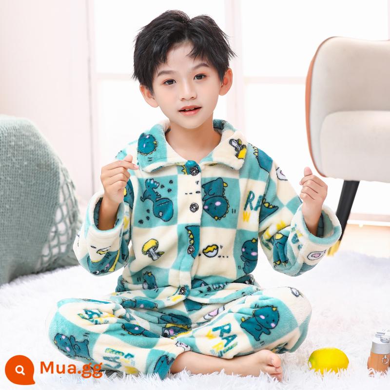 Bộ đồ ngủ lông cừu san hô trẻ em mùa thu đông flannel bé trai và bé gái phục vụ tại nhà phù hợp với bé trung và lớn - Flannel-0016 Flannel-Khủng Long