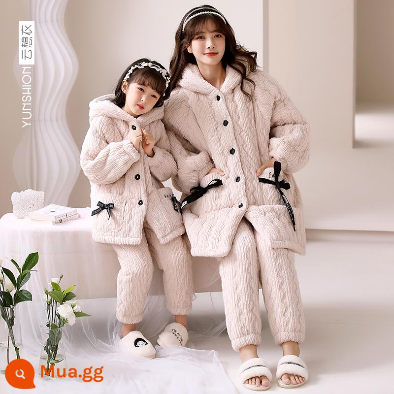 Bộ đồ ngủ trẻ em ba lớp chần bông mùa đông san hô dày flannel Plus lông cừu bé gái và bé gái quần áo mặc nhà mùa đông - Mũ trùm đầu thông thường-GB1361 chần ba lớp siêu dày