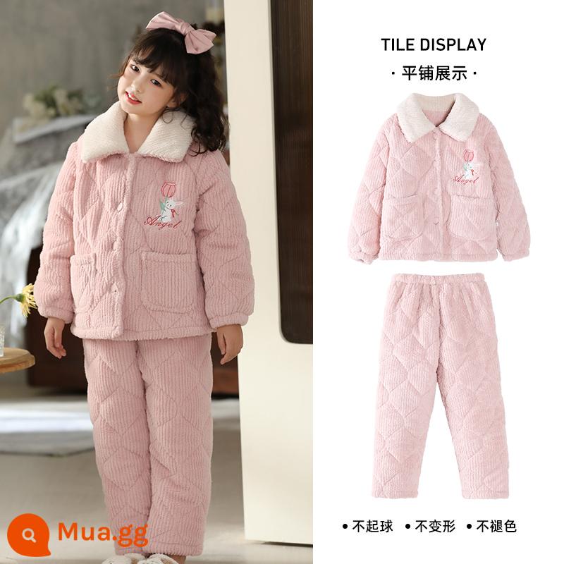 Bộ đồ ngủ trẻ em ba lớp chần bông mùa đông san hô dày flannel Plus lông cừu bé gái và bé gái quần áo mặc nhà mùa đông - Thêu thỏ-GB1445 chần bông ba lớp siêu dày