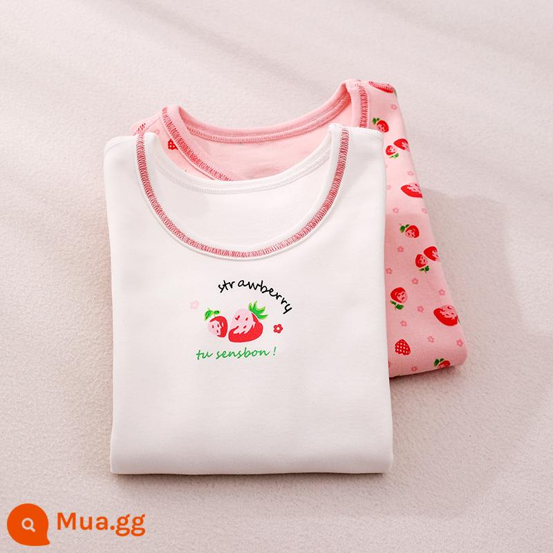 Bộ quần áo mùa thu bé gái một mảnh cotton nguyên chất loại A mùa thu đông 2022 áo sơ mi trẻ em có đáy mới Áo thun áo len cotton bé gái - Dâu tây màu hồng kẹo/2 gói