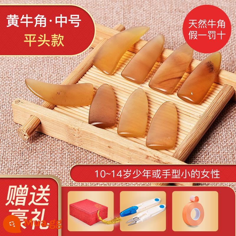 Guzheng Sừng Móng Tay Trẻ Em Người Lớn Hiệu Suất Chuyên Nghiệp Cao Cấp Sừng Tự Nhiên Giáp Rãnh 2 Mặt Vòng Cung Lắc Ngón Tay Hiện Vật - Đầu phẳng sừng màu vàng vừa [hộp lưu trữ miễn phí + kéo + băng dính]