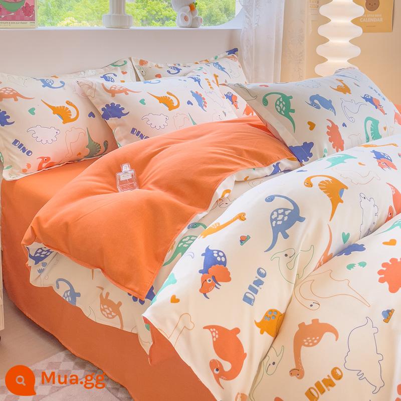 Bộ bốn món bằng cotton 100 tấm trải giường bằng vải cotton nguyên chất Bộ ba món sinh viên ký túc xá bốn mùa bốn mùa chăn ga gối đệm đơn giản thân thiện với da 3 - Khủng long đa dạng MSY