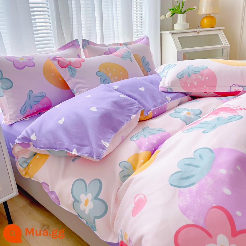 Bộ bốn món bằng cotton 100 tấm trải giường bằng vải cotton nguyên chất Bộ ba món sinh viên ký túc xá bốn mùa bốn mùa chăn ga gối đệm đơn giản thân thiện với da 3 - Quả dâu MSY