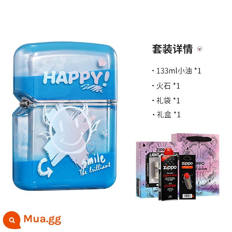 Bật lửa zippo cát lún phát sáng mặt cười hộp quà có hạn vỏ acrylic sáng tạo gửi bạn trai rung cùng phong cách - Nụ cười cát lún (Xanh dương) [Bộ hộp quà]