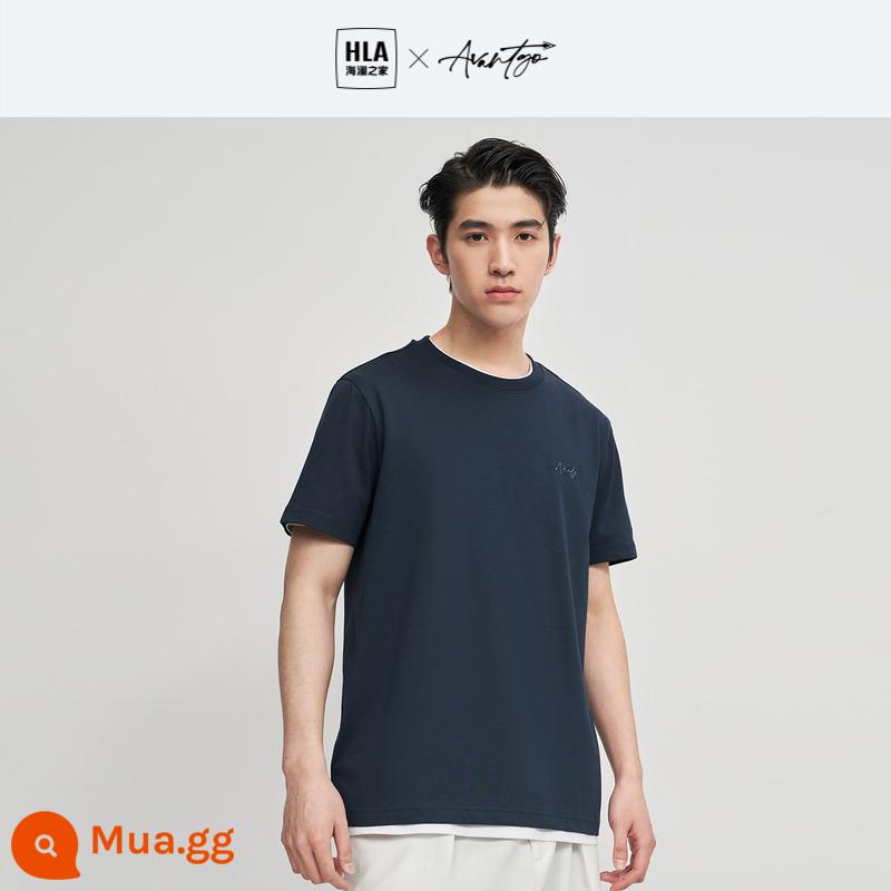 HLA/Hailan Nhà Băng Giá Cotton Thoáng Mát Ngắn T23 Mùa Xuân/Hè Cổ Tròn Thấm Hút Mồ Hôi Thêu Tay Ngắn Nam - xanh xám 72