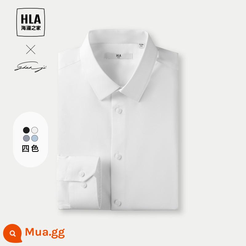 HLA/Hailan House Đồng Màu Nhiều Màu Dài Tay Áo Sơ Mi Xuân Thu 2023 Mới Thêu Cổ Nhọn Công Sở Áo Sơ Mi Nam - Tẩy co giãn màu 03