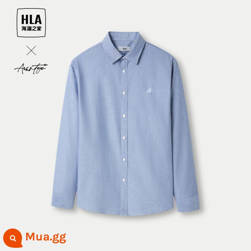 HLA/Hailan House Đồng Màu Nhiều Màu Dài Tay Áo Sơ Mi Xuân Thu 2023 Mới Thêu Cổ Nhọn Công Sở Áo Sơ Mi Nam - Cotton thêu xanh nhạt 20