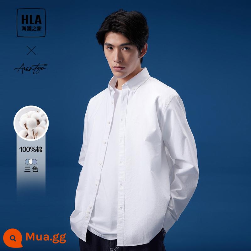 HLA/Hailan House Đồng Màu Nhiều Màu Dài Tay Áo Sơ Mi Xuân Thu 2023 Mới Thêu Cổ Nhọn Công Sở Áo Sơ Mi Nam - Cotton nguyên chất Oxford đã tẩy sợi 63