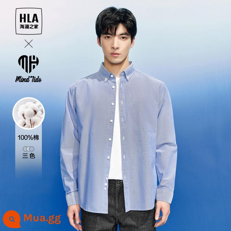 HLA/Hailan House Đồng Màu Nhiều Màu Dài Tay Áo Sơ Mi Xuân Thu 2023 Mới Thêu Cổ Nhọn Công Sở Áo Sơ Mi Nam - Cotton nguyên chất-màu xanh vừa 95