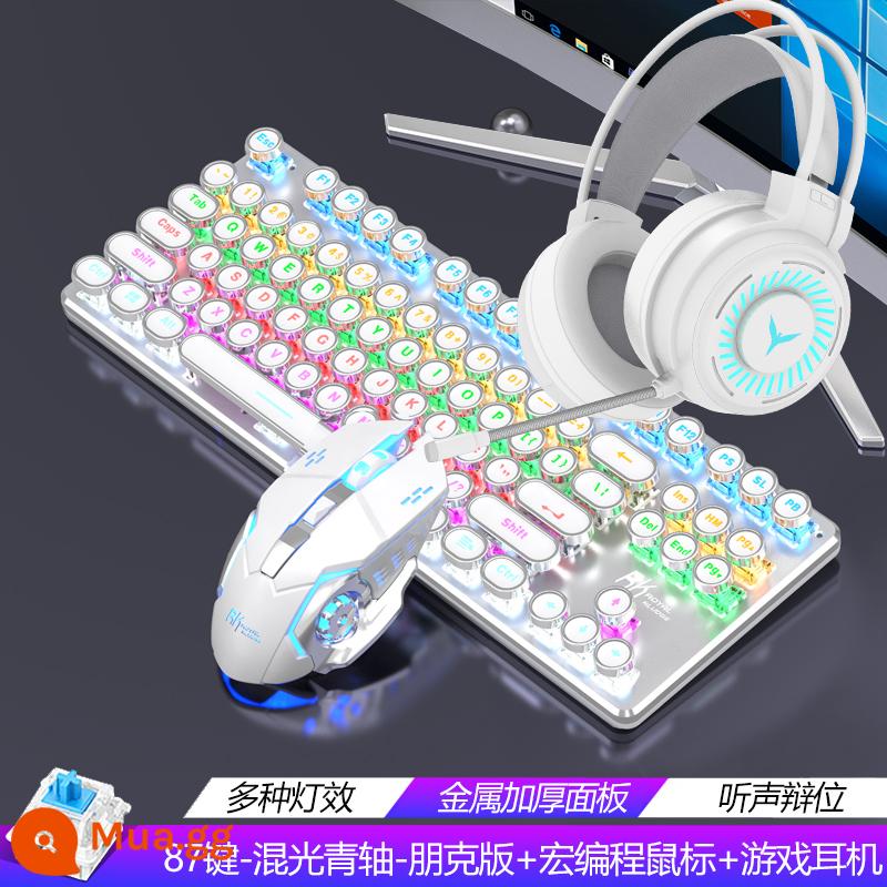 Bàn phím cơ, chuột, tai nghe, bộ 3 món, thiết bị gắn ngoài, game ăn gà, laptop, máy tính để bàn, trục xanh 87, phím có dây, chuột, chơi game, người nổi tiếng trên mạng, steampunk retro, cafe internet, bộ 2 món - Bộ ba món-trắng bạc [công tắc xanh nhạt hỗn hợp] phiên bản punk 87 phím + chuột macro + tai nghe