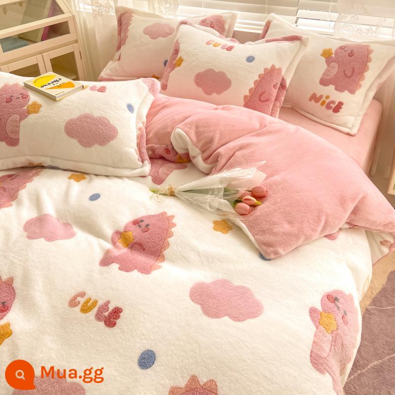 Phim hoạt hình Coral Velvet Bed Sản phẩm bốn tấm mùa đông là bộ của FRANNITE Velvet Warm Sữa Velvet Mùa thu và giường mùa đông - Loving Dinosaur H [Làm nóng nhanh 3S, thân thiện với làn da và không tĩnh điện khi ngủ khỏa thân]