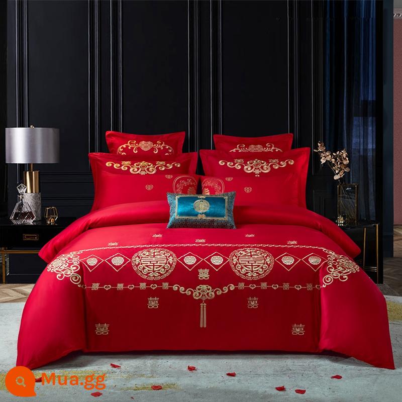 Nanjiren Cotton Wedding Four-piece Group Mới Kết Hôn Cotton Nguyên Chất 100 Ga Trải Giường Vỏ Chăn Lớn Màu Đỏ Phòng Cưới Chăn Ga Gối 4 - Thêm hạnh phúc