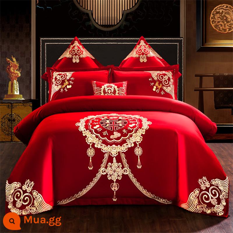 Nanjiren Cotton Wedding Four-piece Group Mới Kết Hôn Cotton Nguyên Chất 100 Ga Trải Giường Vỏ Chăn Lớn Màu Đỏ Phòng Cưới Chăn Ga Gối 4 - Nhiều con, nhiều phước lành