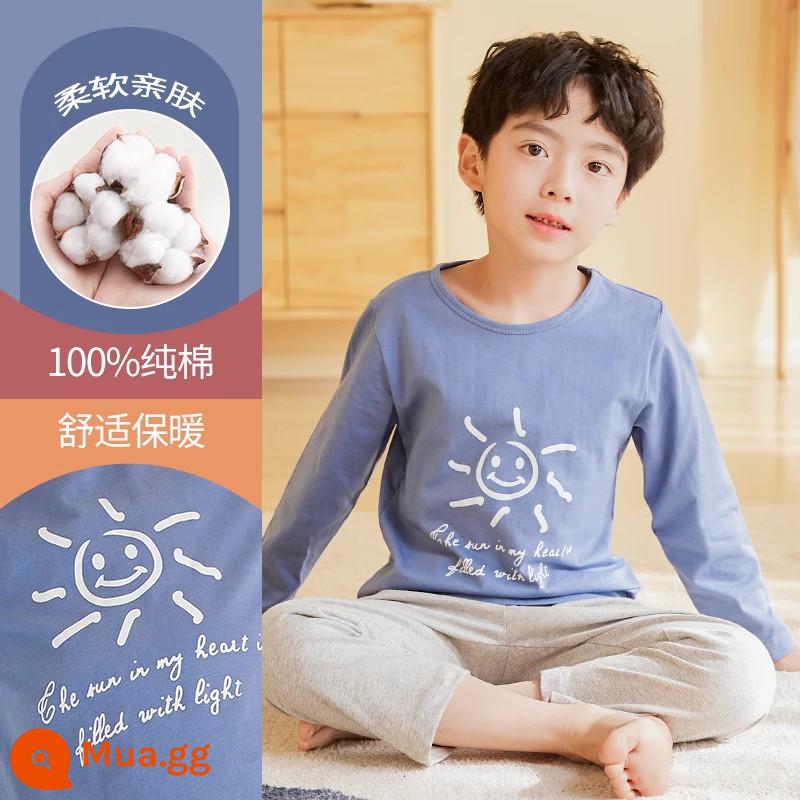 Bộ đồ ngủ trẻ em cotton nguyên chất phong cách mùa hè 2023 cậu bé mới lớn cậu bé mỏng phần mùa hè quần áo điều hòa không khí phù hợp với dịch vụ gia đình - DNY231 xanh #2K (mẫu dài tay)