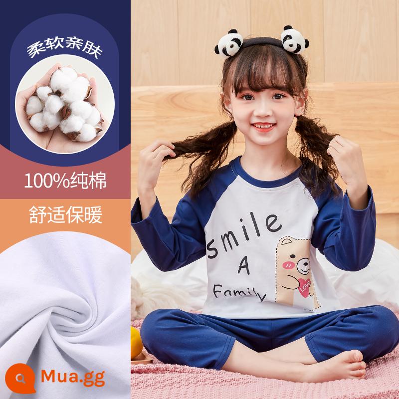 Bộ đồ ngủ bé gái mùa thu đông cotton nguyên chất quần áo dài mặc ở nhà cho trẻ em trung niên trở lên phù hợp với bé gái mùa thu quần áo mùa thu quần vệ sinh - DNY237 Xanh Navy#2K