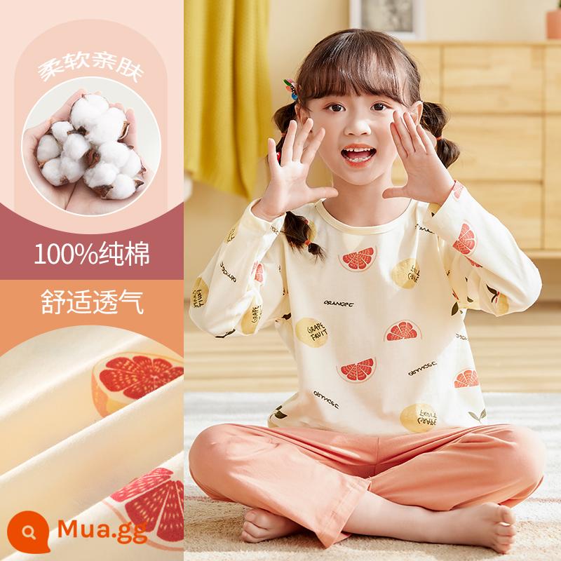 Bộ đồ ngủ trẻ em bé gái cotton nguyên chất mùa xuân và mùa thu 2023 quần áo mùa thu dài tay quần vệ sinh phù hợp với trẻ lớn quần áo mặc nhà mùa đông bé gái - DNY071 Bưởi#2K