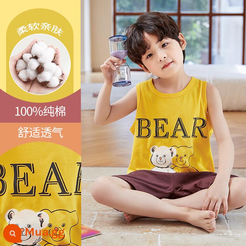 Bộ đồ ngủ trẻ em cotton nguyên chất phong cách mùa hè 2023 cậu bé mới lớn cậu bé mỏng phần mùa hè quần áo điều hòa không khí phù hợp với dịch vụ gia đình - DNY575vàng#2K