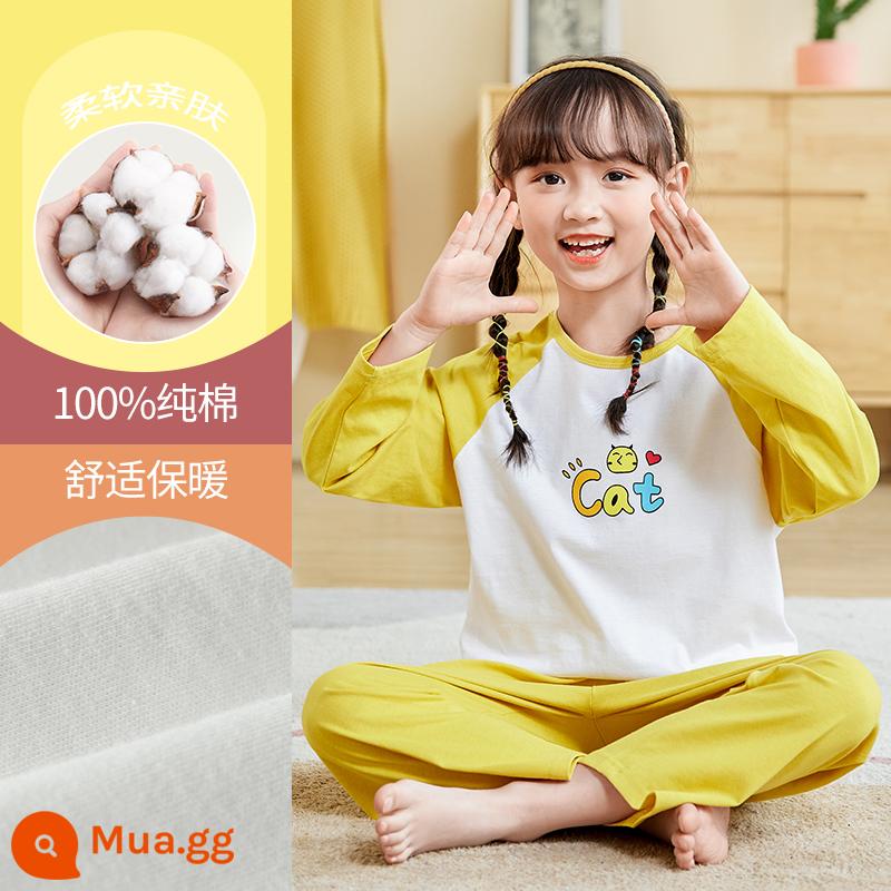 Bộ đồ ngủ bé gái mùa thu đông cotton nguyên chất quần áo dài mặc ở nhà cho trẻ em trung niên trở lên phù hợp với bé gái mùa thu quần áo mùa thu quần vệ sinh - DNY296 màu vàng #2K