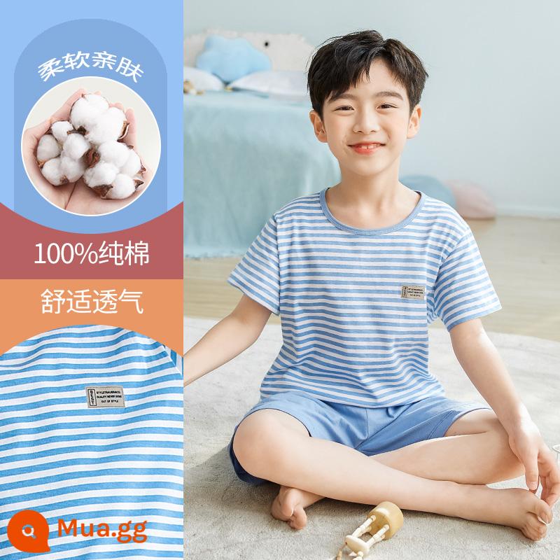 Bộ đồ ngủ trẻ em cotton nguyên chất phong cách mùa hè 2023 cậu bé mới lớn cậu bé mỏng phần mùa hè quần áo điều hòa không khí phù hợp với dịch vụ gia đình - DNY039 sọc xanh nhạt #2K