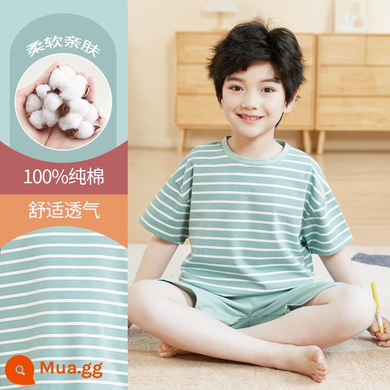 Bộ đồ ngủ trẻ em cotton nguyên chất phong cách mùa hè 2023 cậu bé mới lớn cậu bé mỏng phần mùa hè quần áo điều hòa không khí phù hợp với dịch vụ gia đình - DNY595 đậu xanh#2K