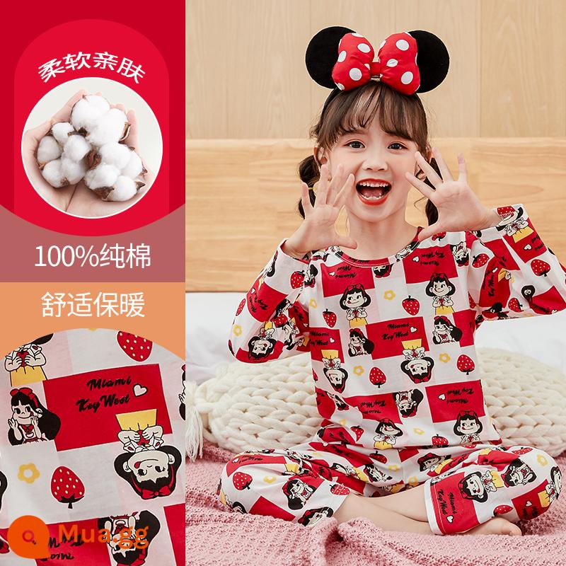 Bộ đồ ngủ bé gái mùa thu đông cotton nguyên chất quần áo dài mặc ở nhà cho trẻ em trung niên trở lên phù hợp với bé gái mùa thu quần áo mùa thu quần vệ sinh - DNY256 in đầy đủ cô gái