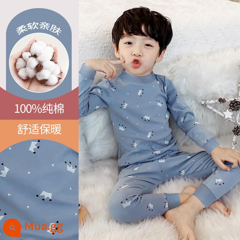 Quần áo mùa thu bé trai, quần vệ sinh, bộ đồ lót giữ nhiệt trẻ em, đồ ngủ cotton nguyên chất, quần áo giữ nhiệt, áo len cotton trẻ em và thanh thiếu niên lớn hơn - DNY182 vương miện màu xanh #5N (loại cổ giữa A)