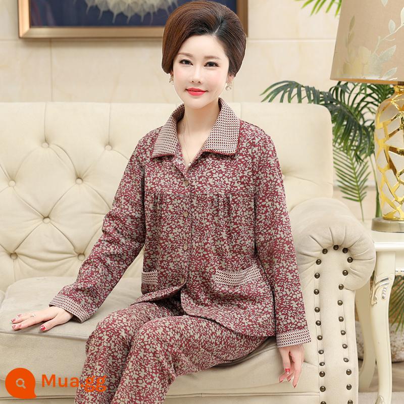 Bộ đồ ngủ cho bà mẹ trung niên và người cao tuổi mùa xuân và mùa thu cotton nguyên chất dài tay kích thước lớn phần mỏng phục vụ tại nhà bộ đồ nữ mùa thu đông - Nâu 9974