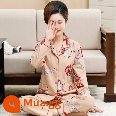 Bộ đồ ngủ cho bà mẹ trung niên và người cao tuổi mùa xuân và mùa thu cotton nguyên chất dài tay kích thước lớn phần mỏng phục vụ tại nhà bộ đồ nữ mùa thu đông - lạc đà 10321