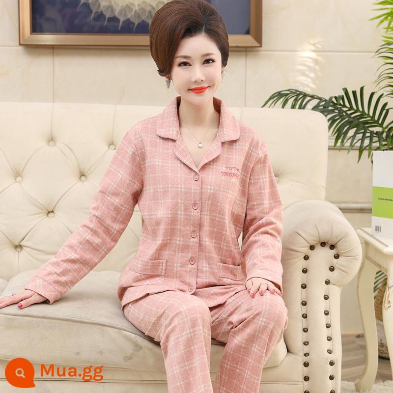 Bộ đồ ngủ cho bà mẹ trung niên và người cao tuổi mùa xuân và mùa thu cotton nguyên chất dài tay kích thước lớn phần mỏng phục vụ tại nhà bộ đồ nữ mùa thu đông - Gừng 9970