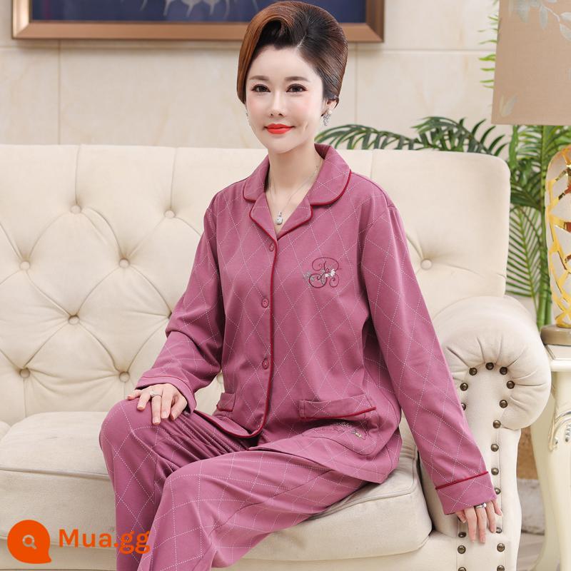 Bộ đồ ngủ cho bà mẹ trung niên và người cao tuổi mùa xuân và mùa thu cotton nguyên chất dài tay kích thước lớn phần mỏng phục vụ tại nhà bộ đồ nữ mùa thu đông - 959